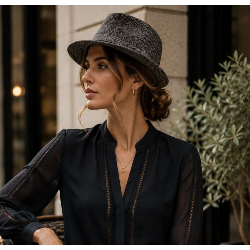 Weatherproof Herringbone Fedora Hat Black Gray Wool  blen Lined unisex